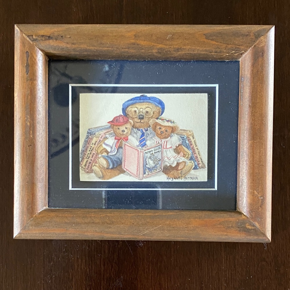 Framed Hand-Painted Teddy Bear with Books Watercolor Painting